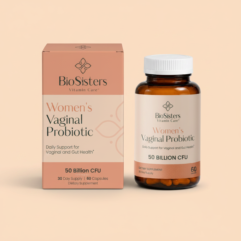 BioSisters Women's Vaginal Probiotic packaging and bottle on a white background